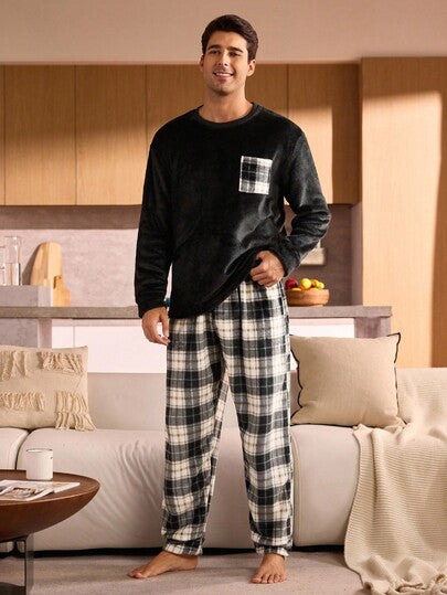 Manfinity Underwear&Sleepwear Basics بيجامة من قطعتين (ملابس علوية وبنطلون) بأكمام طويلة مربعات، من الفليس الناعم والدافئ للرجال، ملابس خريف وشتاء مريحة