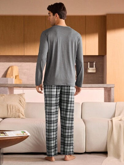 Manfinity Underwear&Sleepwear Basics بيجامة رجالية كبيرة الحجم بأكمام طويلة وجيب مربعات