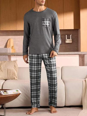 Manfinity Underwear&Sleepwear Basics بيجامة رجالية كبيرة الحجم بأكمام طويلة وجيب مربعات