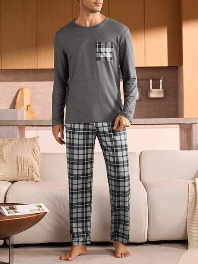 Manfinity Underwear&Sleepwear Basics بيجامة رجالية كبيرة الحجم بأكمام طويلة وجيب مربعات