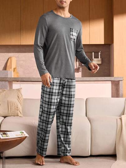 Manfinity Underwear&Sleepwear Basics بيجامة رجالية كبيرة الحجم بأكمام طويلة وجيب مربعات
