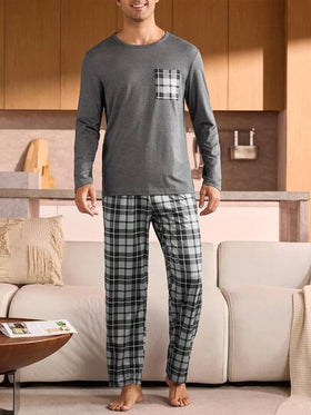 Manfinity Underwear&Sleepwear Basics بيجامة رجالية كبيرة الحجم بأكمام طويلة وجيب مربعات