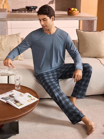 Manfinity Underwear&Sleepwear Basics طقم ملابس علوية وبنطلون رياضي كاجوال للرجال، ملابس شتوية للرجال طقم بيجامة للنوم، عيد الميلاد