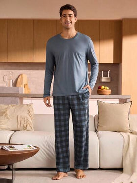 Manfinity Underwear&Sleepwear Basics طقم ملابس علوية وبنطلون رياضي كاجوال للرجال، ملابس شتوية للرجال طقم بيجامة للنوم، عيد الميلاد