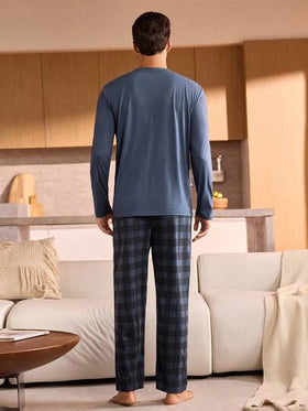 Manfinity Underwear&Sleepwear Basics بيجامة رجالية من قطعتين، تتكون من ملابس علوية بياقة طاقم وأكمام طويلة بلون سادة وبنطلون مربعات، ملابس نوم وارتداء المنزل للرجال في فصلي الخريف والشتاء