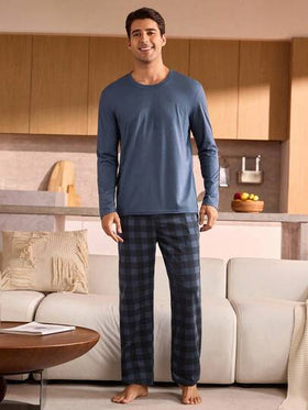 Manfinity Underwear&Sleepwear Basics بيجامة رجالية من قطعتين، تتكون من ملابس علوية بياقة طاقم وأكمام طويلة بلون سادة وبنطلون مربعات، ملابس نوم وارتداء المنزل للرجال في فصلي الخريف والشتاء