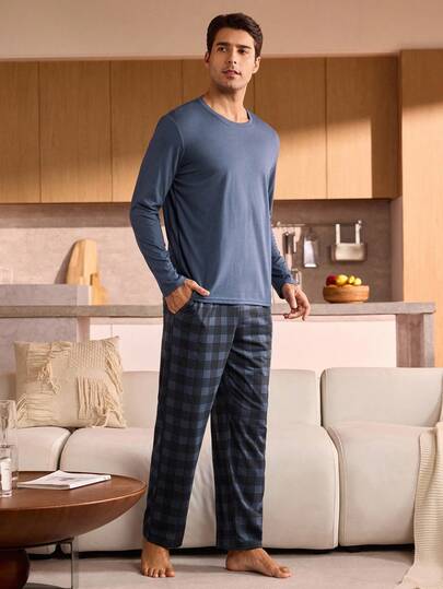 Manfinity Underwear&Sleepwear Basics بيجامة رجالية من قطعتين، تتكون من ملابس علوية بياقة طاقم وأكمام طويلة بلون سادة وبنطلون مربعات، ملابس نوم وارتداء المنزل للرجال في فصلي الخريف والشتاء