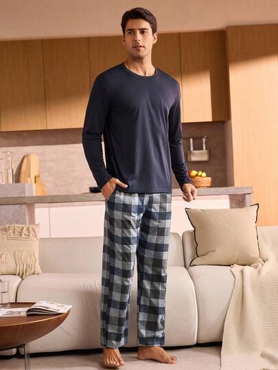 Manfinity Underwear&Sleepwear Basics بدلة نوم رجالية من قطعتين، ملابس علوية بياقة طاقم بأكمام طويلة وبنطال مربعات، ملابس شتوية للرجال مجموعة ملابس منزلية