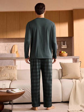 Manfinity Underwear&Sleepwear Basics بيجامة رجالية من قطعتين، ملابس علوية أكمام طويلة أحادي اللون وبنطلون مربعات، ملابس منزلية مريحة للخريف والشتاء، ملابس نوم رجالية