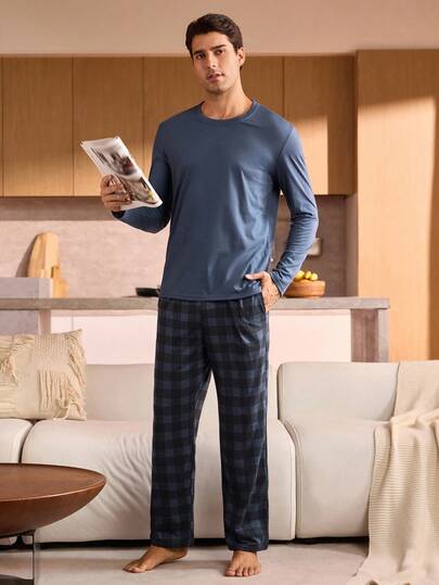 Manfinity Underwear&Sleepwear Basics بيجامة رجالية من قطعتين، تتكون من ملابس علوية بياقة طاقم وأكمام طويلة بلون سادة وبنطلون مربعات، ملابس نوم وارتداء المنزل للرجال في فصلي الخريف والشتاء