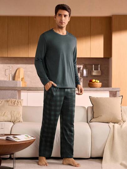 Manfinity Underwear&Sleepwear Basics بيجامة رجالية من قطعتين، ملابس علوية أكمام طويلة أحادي اللون وبنطلون مربعات، ملابس منزلية مريحة للخريف والشتاء، ملابس نوم رجالية