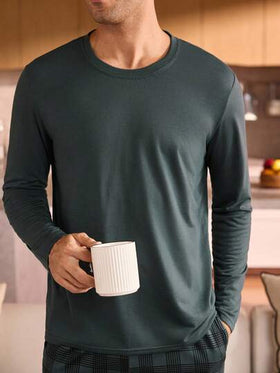 Manfinity Underwear&Sleepwear Basics بيجامة رجالية من قطعتين، ملابس علوية أكمام طويلة أحادي اللون وبنطلون مربعات، ملابس منزلية مريحة للخريف والشتاء، ملابس نوم رجالية