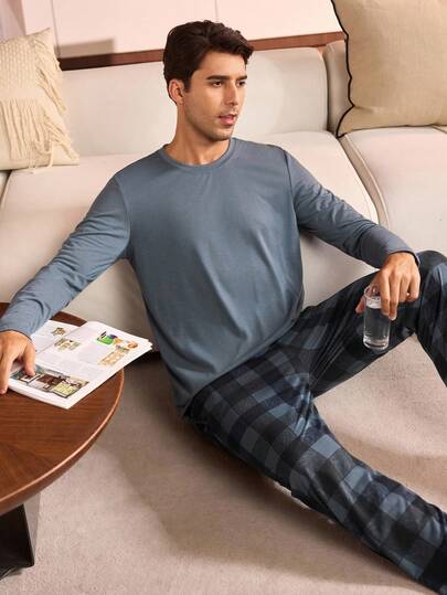 Manfinity Underwear&Sleepwear Basics بيجامة رجالية مكونة من ملابس علوية بياقة طاقم بأكمام طويلة ذات لون أحادي وبنطلون مربعات، مجموعة ملابس منزلية للنوم، ملابس خريف وشتاء