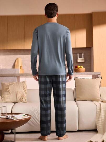 Manfinity Underwear&Sleepwear Basics بيجامة رجالية مكونة من ملابس علوية بياقة طاقم بأكمام طويلة ذات لون أحادي وبنطلون مربعات، مجموعة ملابس منزلية للنوم، ملابس خريف وشتاء