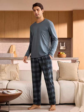 Manfinity Underwear&Sleepwear Basics بيجامة رجالية مكونة من ملابس علوية بياقة طاقم بأكمام طويلة ذات لون أحادي وبنطلون مربعات، مجموعة ملابس منزلية للنوم، ملابس خريف وشتاء
