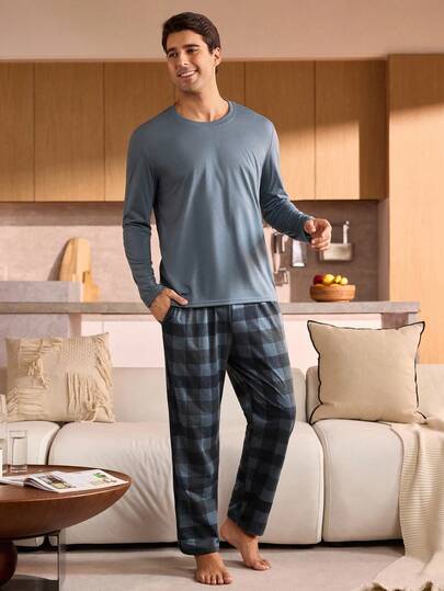 Manfinity Underwear&Sleepwear Basics بيجامة رجالية مكونة من ملابس علوية بياقة طاقم بأكمام طويلة ذات لون أحادي وبنطلون مربعات، مجموعة ملابس منزلية للنوم، ملابس خريف وشتاء