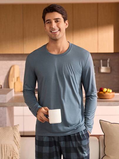 Manfinity Underwear&Sleepwear Basics بيجامة رجالية مكونة من ملابس علوية بياقة طاقم بأكمام طويلة ذات لون أحادي وبنطلون مربعات، مجموعة ملابس منزلية للنوم، ملابس خريف وشتاء