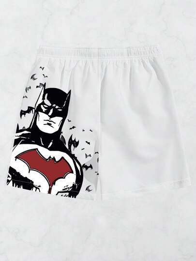 Batman X Manfinity Surfspeed شورت كاجوال للرجال بخصر رباط مزين برسومات أرقام وحروف، صيفي
