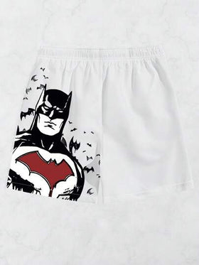 Batman X Manfinity Surfspeed شورت كاجوال للرجال بخصر رباط مزين برسومات أرقام وحروف، صيفي