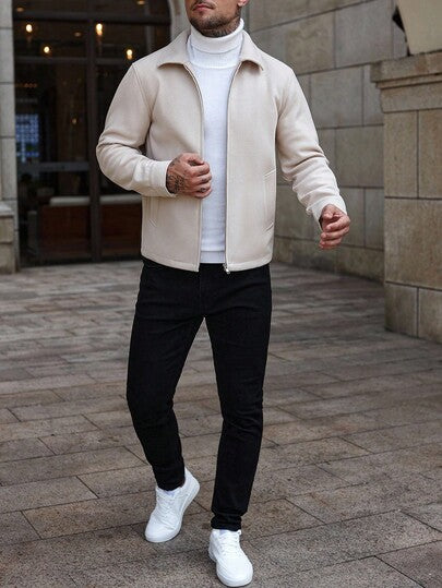 Manfinity CasualCool معطف طويل الأكمام بلون أحادي مبطن للرجال، للخريف/الشتاء