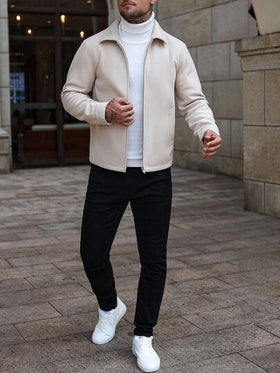 Manfinity CasualCool معطف طويل الأكمام بلون أحادي مبطن للرجال، للخريف/الشتاء