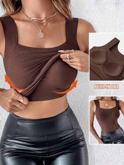 ChicMe ملابس علوية كاجوال أنيق بدون أكمام مع حمالة داخلية مبطنة، رقبة مربعة، قطعة أساسية مرنة وضيقة للصيف