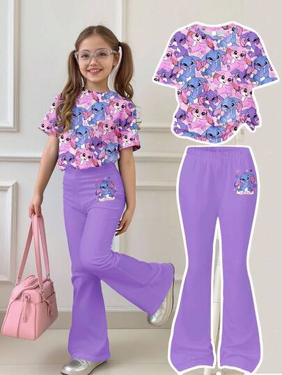 SHEIN Leap Crew مجموعة تي شيرت بأكمام قصيرة وبنطال واسع للفتيات المراهقات، بنمط أرنب أزرق كرتوني لولو وغرزة، باللون البنفسجي