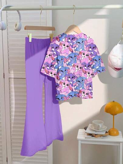SHEIN Leap Crew مجموعة تي شيرت بأكمام قصيرة وبنطال واسع للفتيات المراهقات، بنمط أرنب أزرق كرتوني لولو وغرزة، باللون البنفسجي