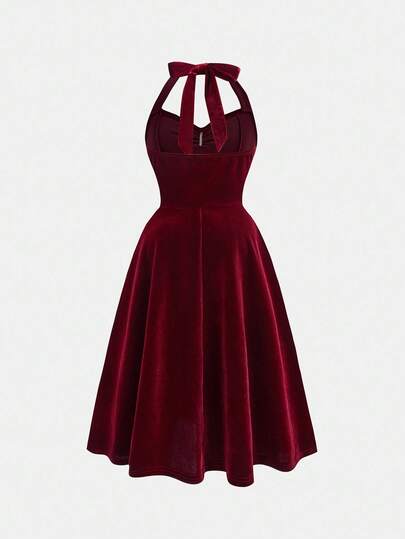 SHEIN فستان أنيق أحمر مخمل مع ربطة عنق للفتيات المراهقات