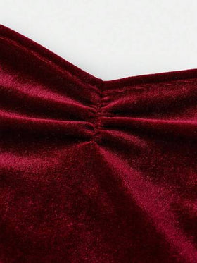 SHEIN فستان أنيق أحمر مخمل مع ربطة عنق للفتيات المراهقات