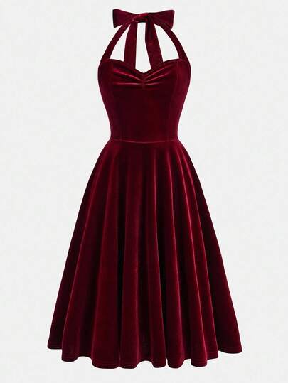 SHEIN فستان أنيق أحمر مخمل مع ربطة عنق للفتيات المراهقات