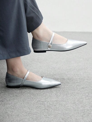 CUCCOO BIZCHIC أحذية ماري جين مسطحة بأصبع قدم مدبب للنساء باللون الفضي