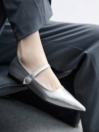 CUCCOO BIZCHIC أحذية ماري جين مسطحة بأصبع قدم مدبب للنساء باللون الفضي