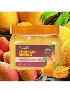 MELAO ميلاو 510 جرام/18 أونصة سكر الشيا بنكهة المانجو الاستوائي - سكر تقشير مرطب ومقشر، مخلوط بكريستالات السكر الطبيعية لبشرة ناعمة وباهرة