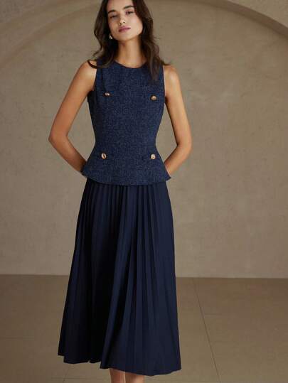 Revavyn فستان أنيق وأنيق للتنقل، قماش سميك + تنورة ذات خصر منبثق، بدون أكمام، لبداية الخريف