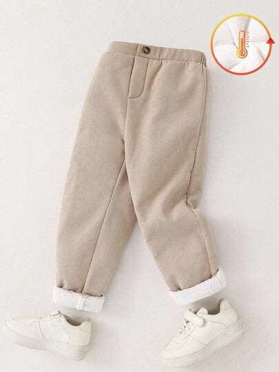 SHEIN 1 قطعة بنطلون سميك من قماش الكوردروي مبطن حراريًا، مناسب للأولاد الصغار، كاجوال وعملي وناعم وأنيق، مناسب للارتداء اليومي والمدرسة والخروجات والرياضة في فصلي الخريف والشتاء