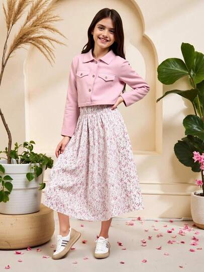 SHEIN قطعتان/مجموعة من جاكيت طويل الأكمام للفتيات من توين وفستان بأشرطة زهرية