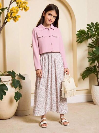 SHEIN قطعتان/مجموعة من جاكيت طويل الأكمام للفتيات من توين وفستان بأشرطة زهرية