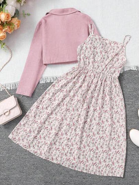 SHEIN قطعتان/مجموعة من جاكيت طويل الأكمام للفتيات من توين وفستان بأشرطة زهرية