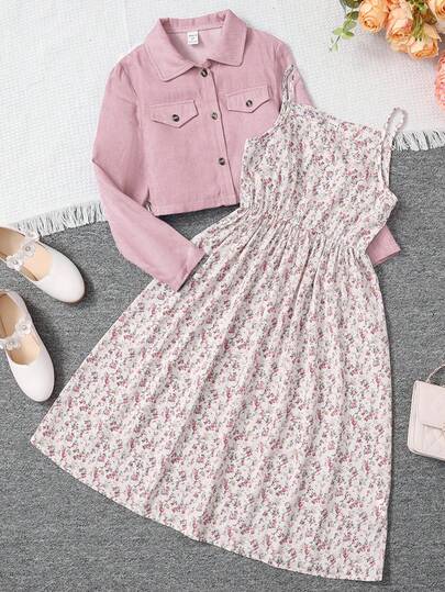 SHEIN قطعتان/مجموعة من جاكيت طويل الأكمام للفتيات من توين وفستان بأشرطة زهرية