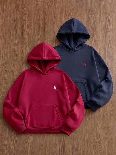 Manfinity Unisex مجموعة من 2 بلوزة رياضية كاجوال للرجال مزودة بقلنسوة، مناسبة للربيع والخريف، مطرزة من الأمام