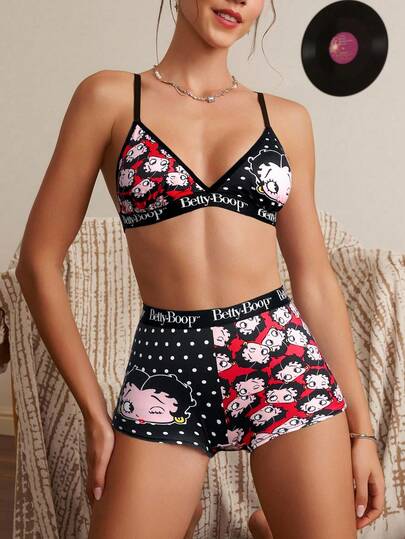 Betty Boop x SHEIN طقم سيدات من حمالة الصدر والسروال القصير المربع المطبوع بنقاط وشخصيات كرتونية