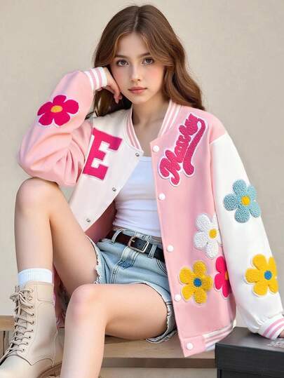 SHEIN معطف بيسبول فضفاض ملون بتصميم زهري ثلاثي الأبعاد وألوان متباينة، أنيق وعملي للفتيات، مناسب للربيع والخريف