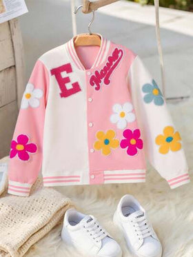 SHEIN معطف بيسبول فضفاض ملون بتصميم زهري ثلاثي الأبعاد وألوان متباينة، أنيق وعملي للفتيات، مناسب للربيع والخريف