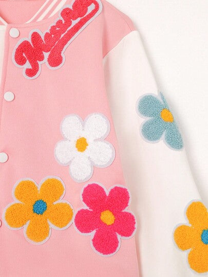 SHEIN معطف بيسبول فضفاض ملون بتصميم زهري ثلاثي الأبعاد وألوان متباينة، أنيق وعملي للفتيات، مناسب للربيع والخريف