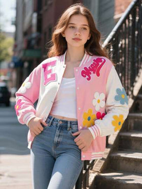 SHEIN معطف بيسبول فضفاض ملون بتصميم زهري ثلاثي الأبعاد وألوان متباينة، أنيق وعملي للفتيات، مناسب للربيع والخريف