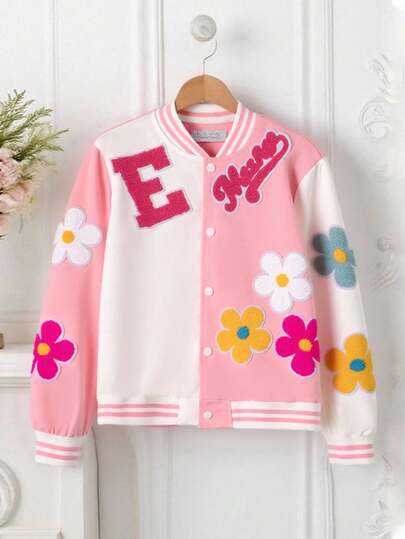 SHEIN معطف بيسبول فضفاض ملون بتصميم زهري ثلاثي الأبعاد وألوان متباينة، أنيق وعملي للفتيات، مناسب للربيع والخريف