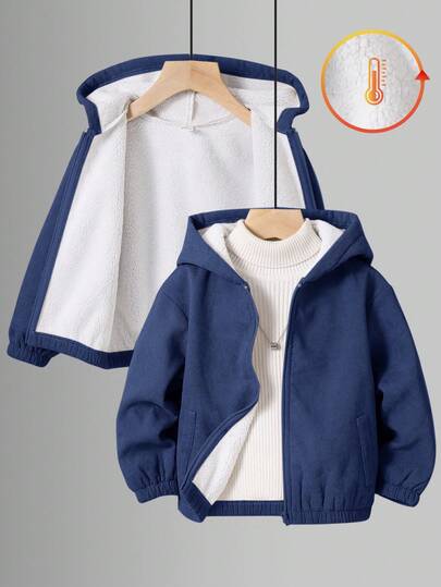 SHEIN معطف سميك بقلنسوة للأولاد الصغار، لون خاكي، بسوستة، بلوزة رياضية كاجوال، مناسب للربيع والصيف والخريف والشتاء، للعودة إلى المدرسة، الحديقة، الشاطئ، عيد الميلاد
