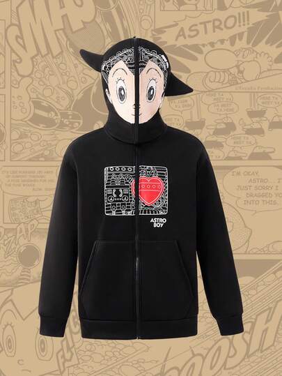 Astro Boy X SHEIN هودي رجالي كاجوال عصري مطبوع برسوم كرتونية، للربيع والخريف
