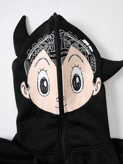 Astro Boy X SHEIN هودي رجالي كاجوال عصري مطبوع برسوم كرتونية، للربيع والخريف
